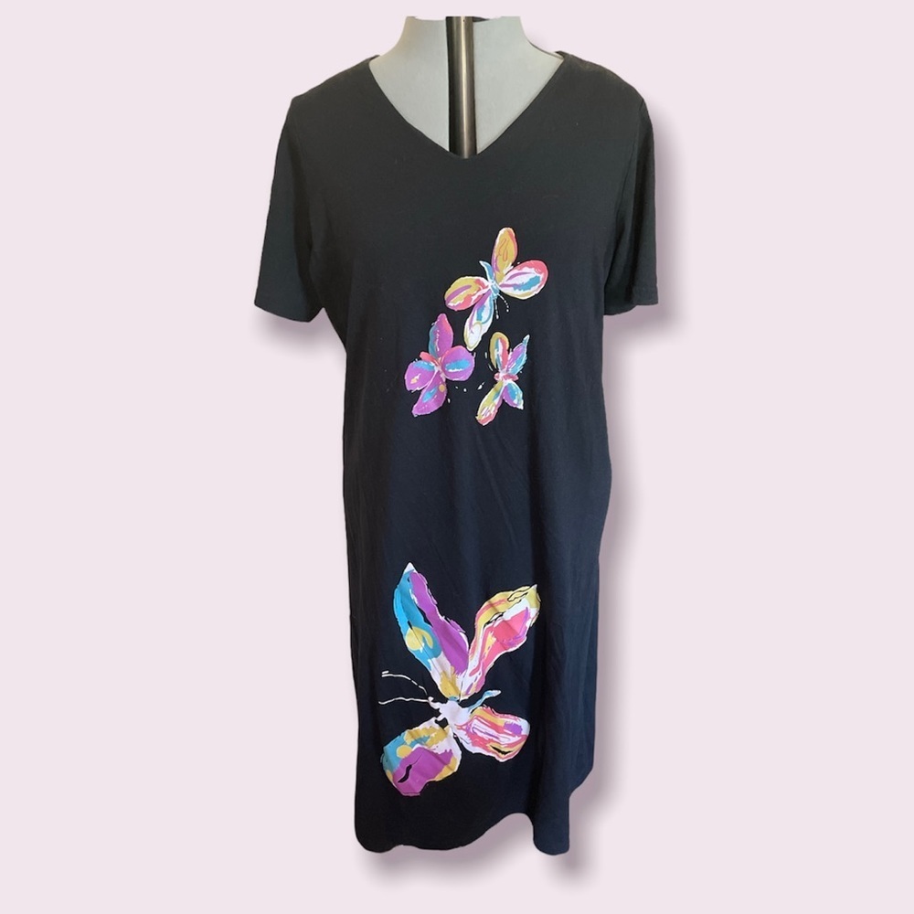 Vintage 90s Black Butterfly Maxi Dress Short Sleeve Womens Size Large Boho Fairy